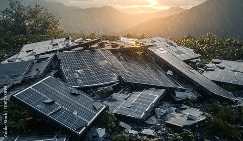 A Pile of Broken Solar Panels Destroyed by the Hurricane photo