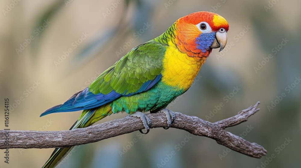 Obraz premium A colorful parrot perched on a branch, showcasing vibrant plumage.