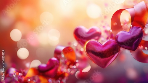 Shiny Hearts Adorned With Red Ribbon Festive Background