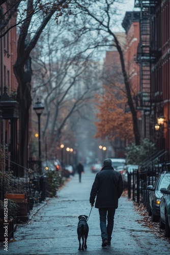Wallpaper Mural A man walks his dog down a misty street lined with trees and autumn leaves. Torontodigital.ca