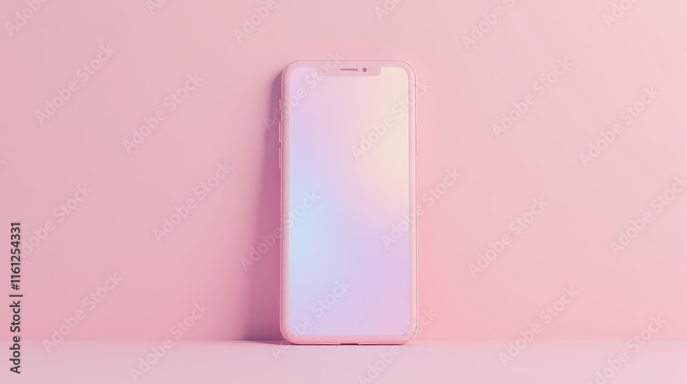 A sleek pink smartphone with a gradient screen stands against a matching minimalistic pink backdrop, emanating modern style and technology A sleek pink smartphone with a gradient screen stands against a matching minimalistic pink backdrop, emanating modern style and technology