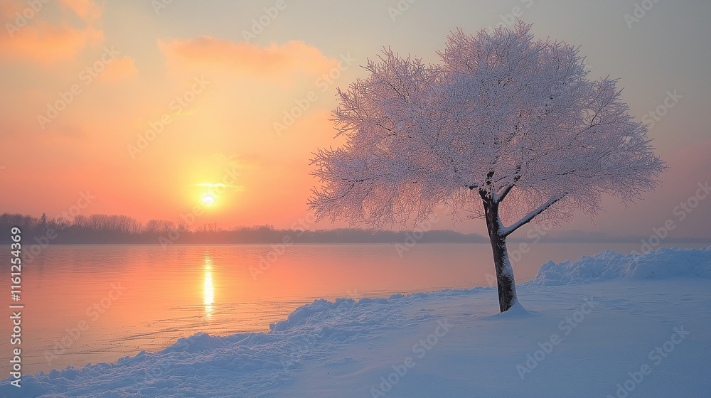 Winter sunset with a frosted tree by the river in a serene landscape Winter sunset with a frosted tree by the river in a serene landscape