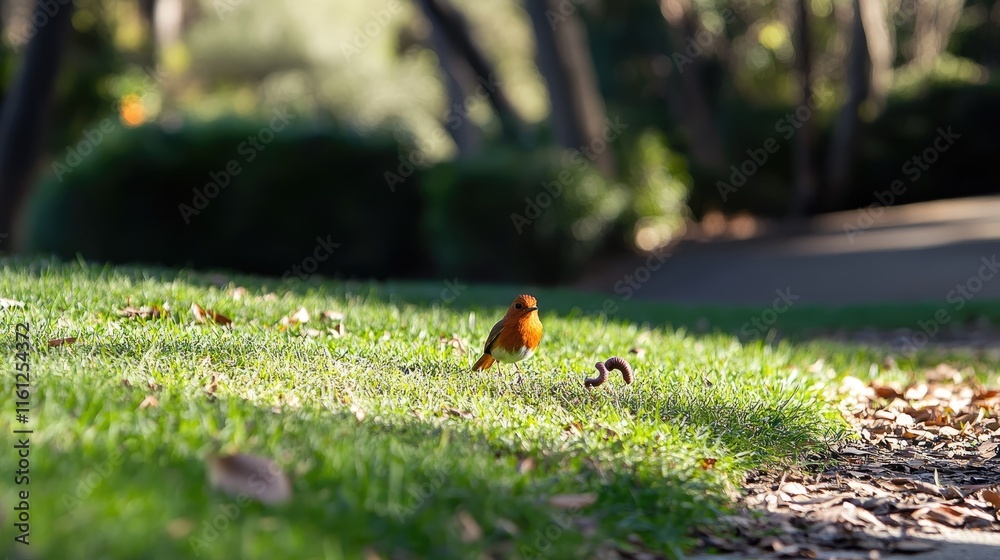 A vibrant bird forages on lush green grass in a serene park setting. A vibrant bird forages on lush green grass in a serene park setting.
