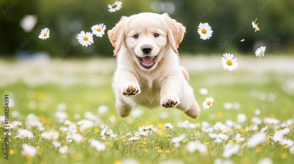 Golden Retriever Puppy Leaping Through a Daisy Field Golden Retriever Puppy Leaping Through a Daisy Field
