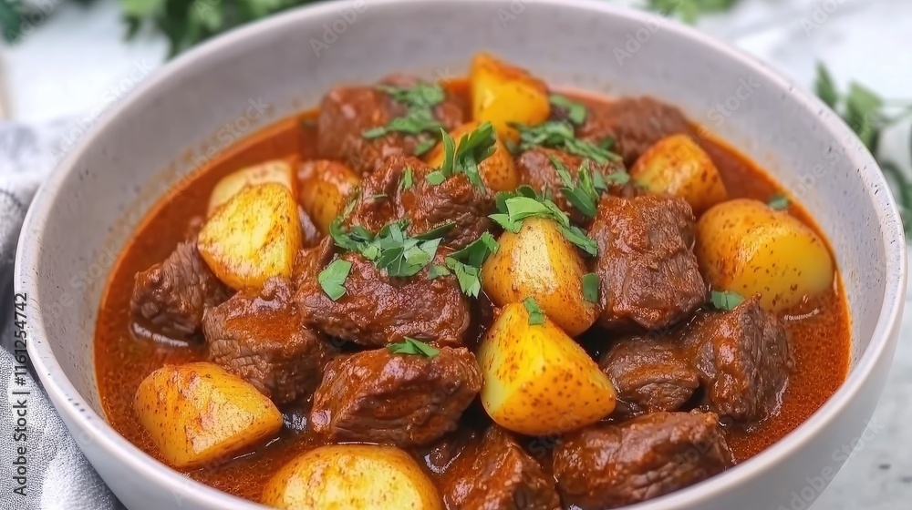 A hearty beef stew with potatoes, garnished with fresh herbs. A hearty beef stew with potatoes, garnished with fresh herbs.