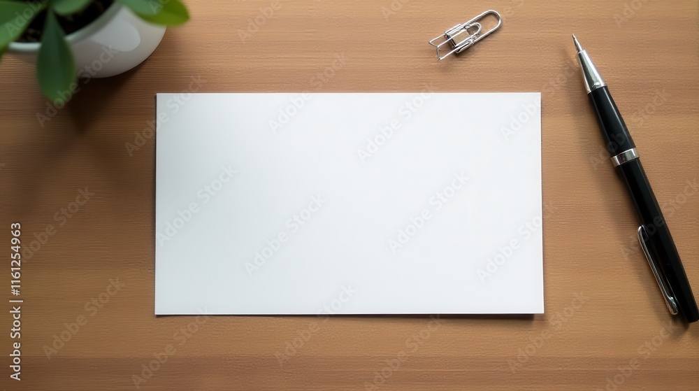 Blank paper on a wooden desk surrounded by a notebook, pen, paper clips, and a potted plant, ideal for inspirational writing or creative workspace concepts