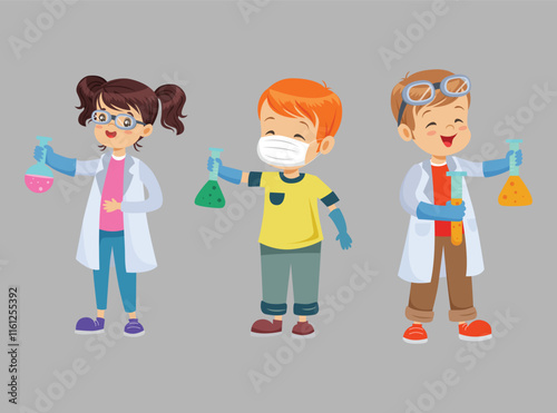 Scientist icons cute kids cartoon characters sketch