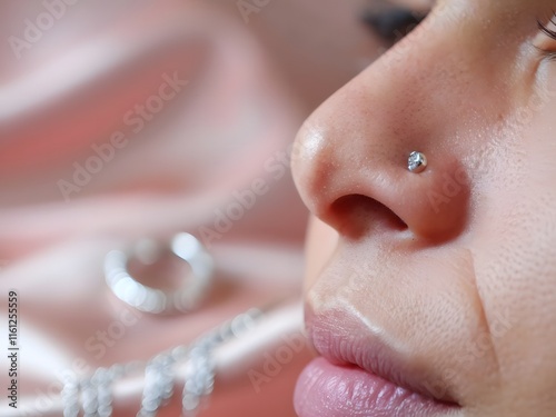 Close-up of a silver nose stud piercing on smooth skin with a soft focus background. photo