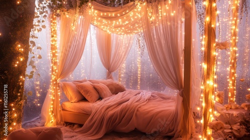 A luxurious space with a flowing canopy bed wrapped in warm fairy lights and surrounded by soft pastels