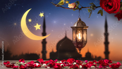 ramadan ornament and crescent at night photo