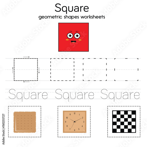 Square geometric tracing worksheet for kid template biscuit clock chessboard sketch