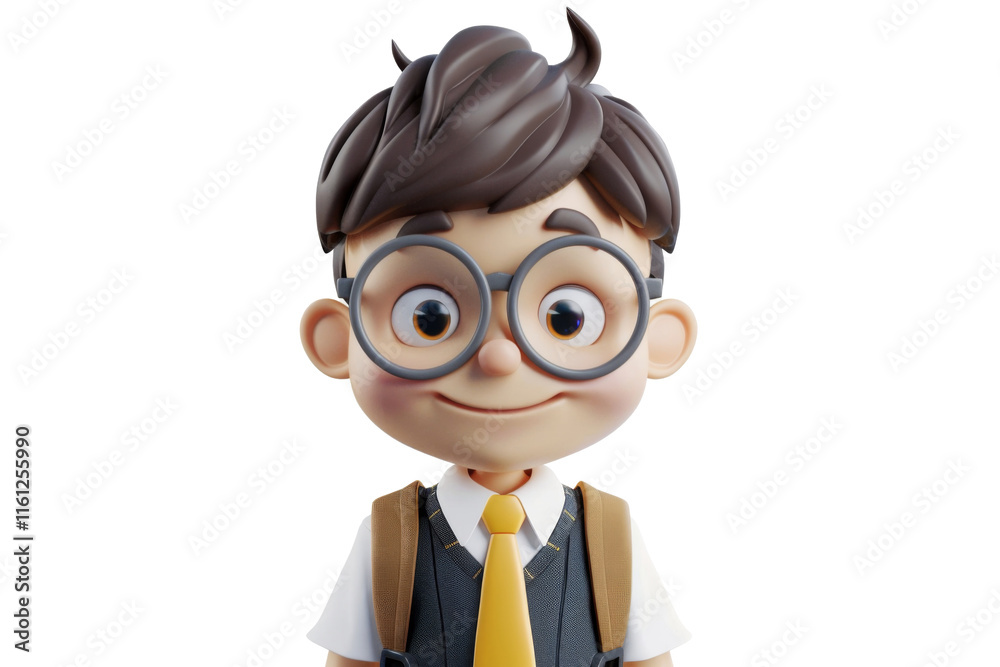 3D boy character with glasses, vest, and yellow tie in a school uniform isolated on transparent png background. 3D boy character with glasses, vest, and yellow tie in a school uniform isolated on transparent png background.