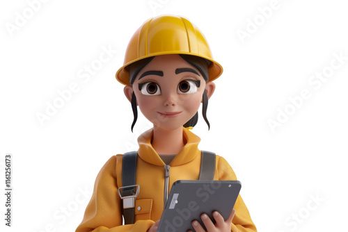 3D Cartoon character of Female engineer in safety helmet holding a tablet for inspection isolated on transparent png background.
