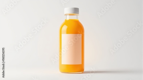 Wallpaper Mural Clear glass bottle filled with bright orange juice against a white background, highlighting the vibrant color and freshness of the beverage Torontodigital.ca