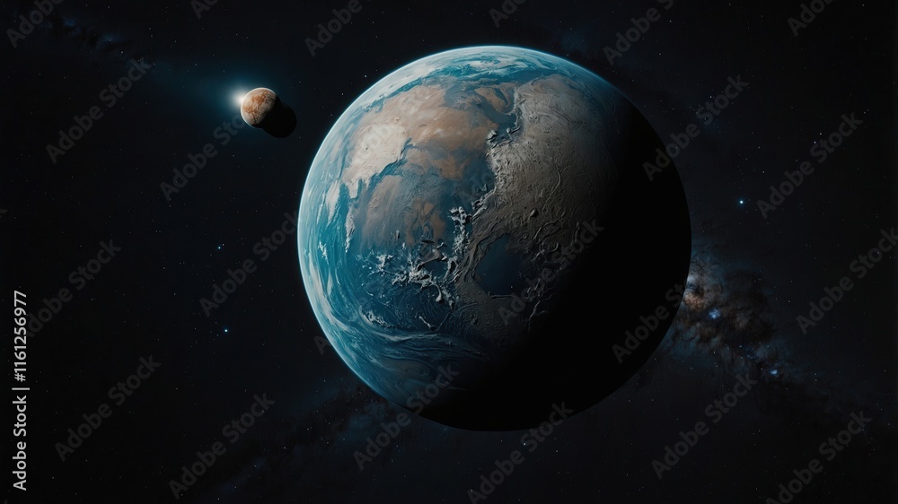Obraz premium space, planet, earth, star, universe, astronomy, galaxy, sun, moon, stars, sky, night, cosmos, light, science, world, globe, sphere, solar, outer, illustration, nebula, fantasy, atmosphere, orbit