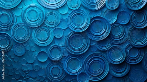 Abstract pattern of layered blue concentric circles in varying sizes, creating depth and a modern, textured visual effect. AI generative.