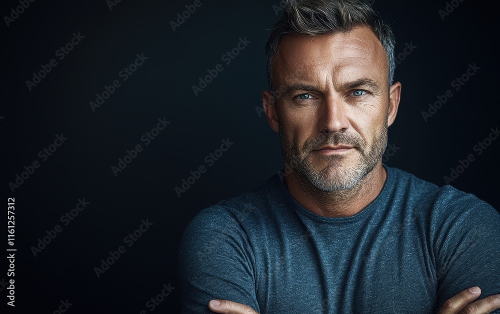 A mature man in his 40s with the first signs of crow's feet stands confidently against a dark background with dramatic lighting, his expression calm A mature man in his 40s with the first signs of crow's feet stands confidently against a dark background with dramatic lighting, his expression calm