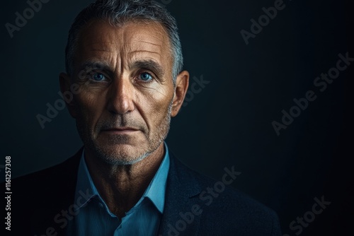 A mature man in his 40s with the first signs of crow's feet stands confidently against a dark background with dramatic lighting, his expression calm