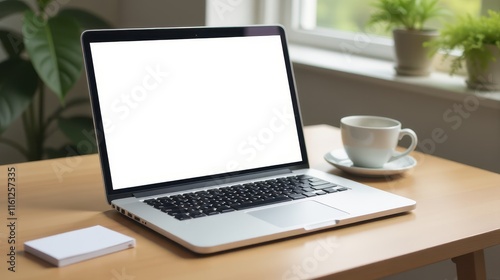 A laptop with a blank screen sits on a wooden desk beside a cup of coffee and a small notepad, with green plants in the background