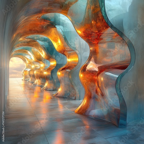 A collection of glass sculptures on display in a modern building interior photo