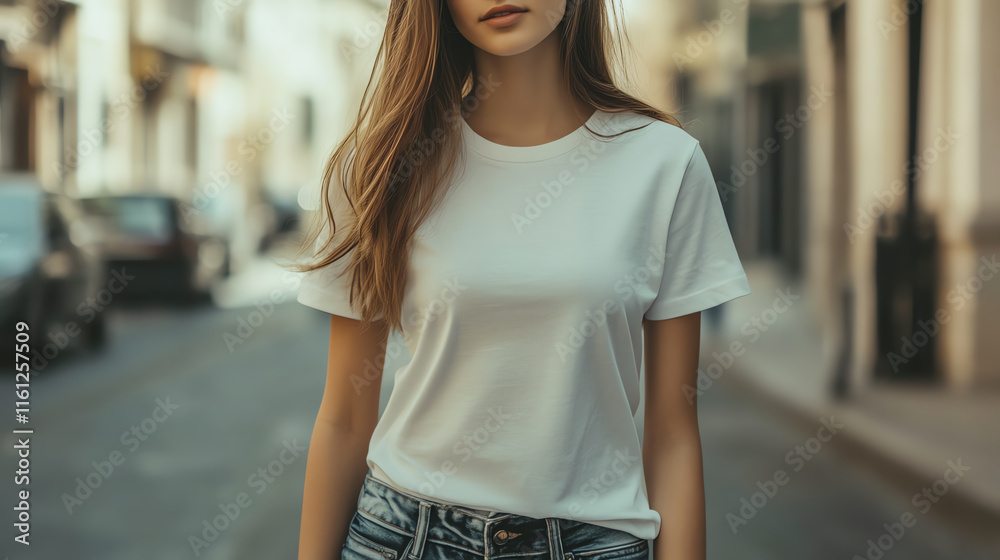 A young woman stands confidently in a casual outfit on a vibrant city street, capturing a moment of urban lifestyle and fashion. A young woman stands confidently in a casual outfit on a vibrant city street, capturing a moment of urban lifestyle and fashion.