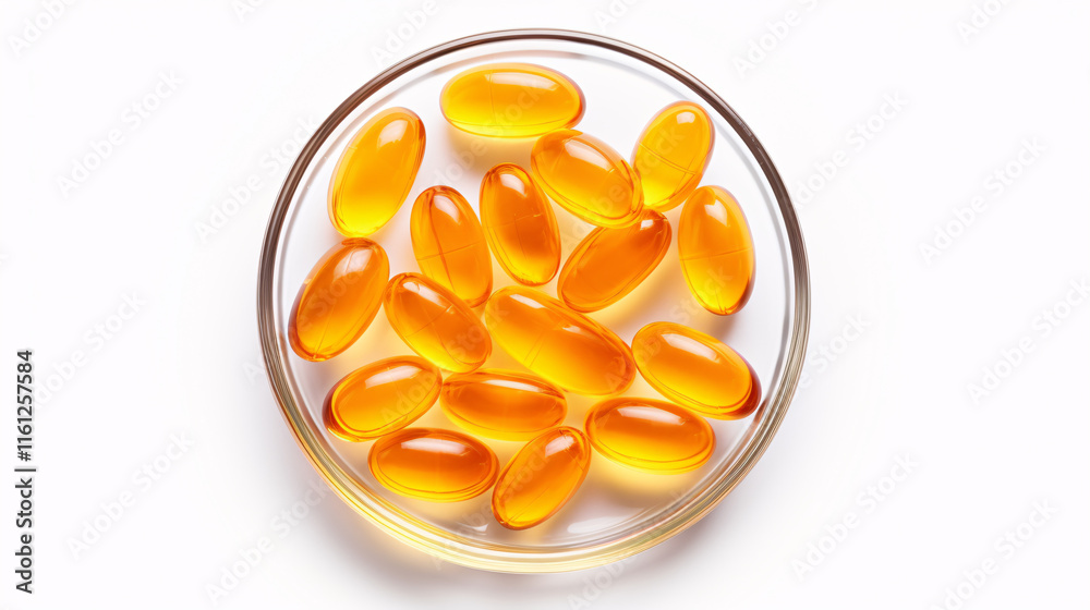Fototapeta premium Isolated Bowl of Omega 3 Gold Fish Oil Gel Capsules