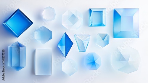 Abstract arrangement of blue and transparent geometric crystals in various shapes, featuring clean lines and a modern, minimalist aesthetic. AI generative.