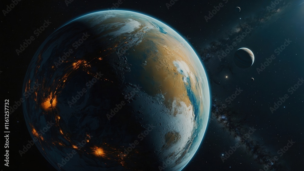 Obraz premium space, planet, earth, star, universe, astronomy, galaxy, sun, moon, stars, sky, night, cosmos, light, science, world, globe, sphere, solar, outer, illustration, nebula, fantasy, atmosphere, orbit