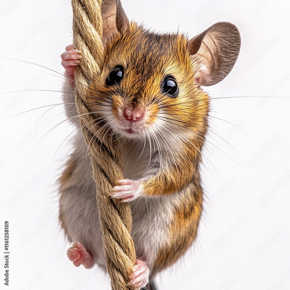 Obraz premium A cute mouse clinging to a rope, showcasing its playful nature and detailed fur patterns.