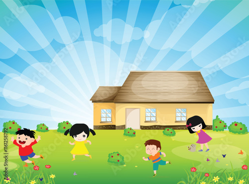 Vector illustration of kids playing outside