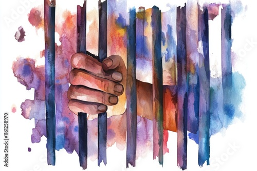 A watercolor illustration of a hand grasping metal bars, conveying a sense of confinement and longing photo