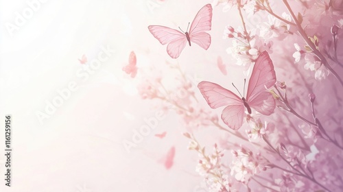 Banner or greeting card with copy space, fluttering butterfly and pink cherry or sakura blossom branch in sunlight. 
