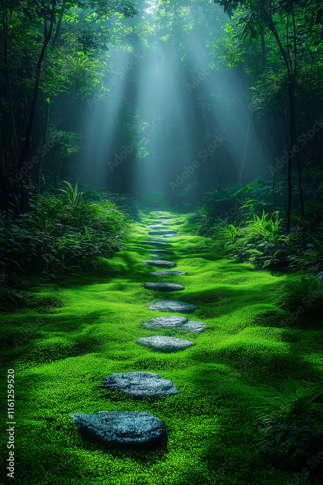 Fototapeta premium Photo réaliste d’une forêt verdoyante, où des rayons de soleil filtrent à travers la canopée épaisse et illuminent un chemin sinueux recouvert de mousse, créant une ambiance paisible et naturelle