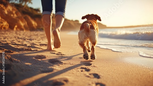 A person walks barefoot on the beach alongside a dog during sunset.