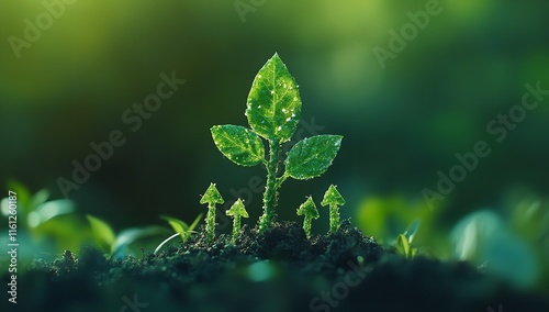 A Green Arrow Made of Leaves Pointing Upwards Growing Out from the Ground photo