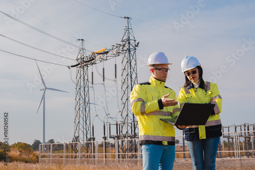 Engineer and architect are working together to plan serious repairs to wind turbines to store backup energy.