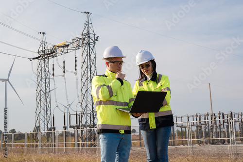 Engineer and architect are working together to plan serious repairs to wind turbines to store backup energy.