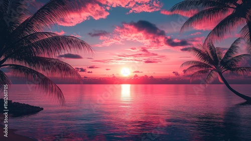 Coconut palm tree silhouettes against a stunning tropical beach sunset offering a serene atmosphere