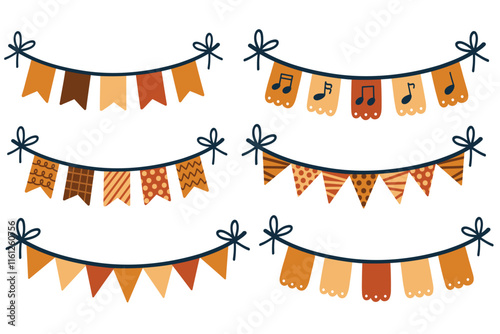 Decorative party buntings. Fun and festive banners for New Year, Christmas, birthdays, baby showers, weddings, parties, and other events. Hand drawn vector illustrations.