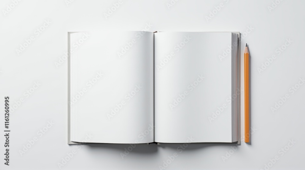 Open blank book with a pencil on a white background, symbolizing creativity and fresh ideas for writing, drawing, or planning projects Open blank book with a pencil on a white background, symbolizing creativity and fresh ideas for writing, drawing, or planning projects