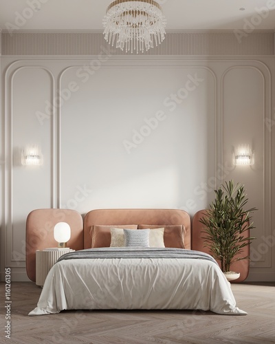 Bedroom in pastel tone peach bed furniture and accents pillows. Modern luxury room interior home or hotel design. Empty beige paint wall for art. Apricot crush.3d render