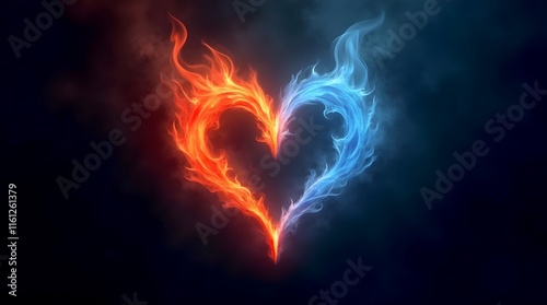 twin flame concept of one red and one blue flame connected as a heart