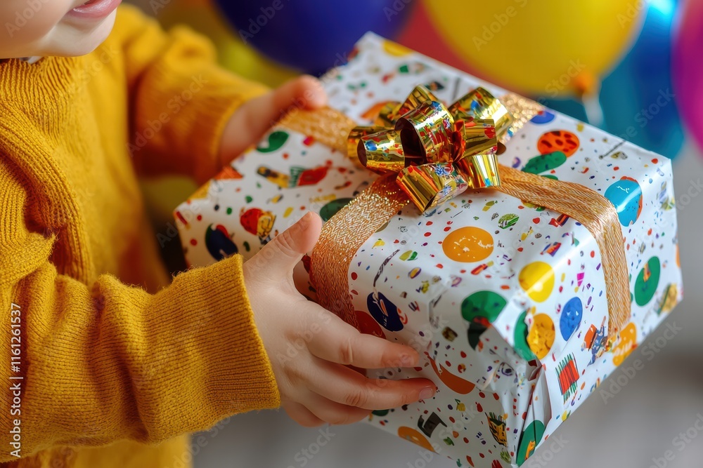 Fototapeta premium Child eagerly opens a colorful gift amid a festive atmosphere filled with balloons