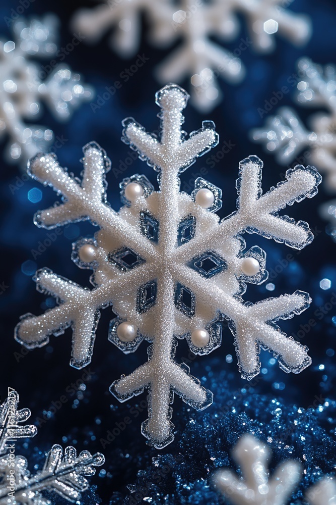 A detailed image of a single snowflake against a blue background A detailed image of a single snowflake against a blue background