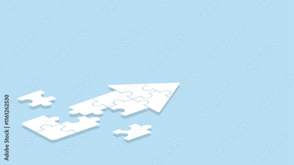 A white puzzle arrow partially assembled on a light blue background, representing problem-solving and progress. Incorporate new pieces to complete a team that moves in the same direction. A white puzzle arrow partially assembled on a light blue background, representing problem-solving and progress. Incorporate new pieces to complete a team that moves in the same direction.