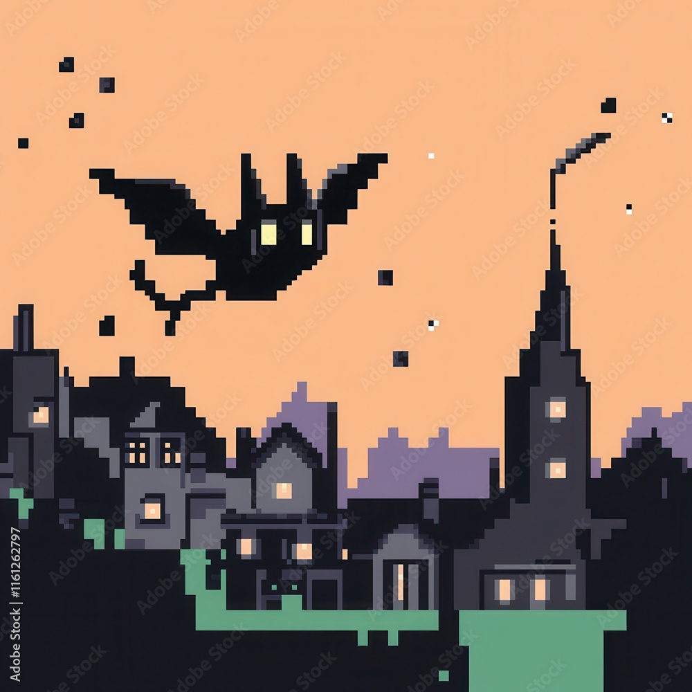 Obraz premium A vibrant 8-bit pixel art of a glowing pixelated magical creature flying over a glowing village, surrounded by tiny sparkling stars and pixelated houses, set on a pastel lavender and navy background