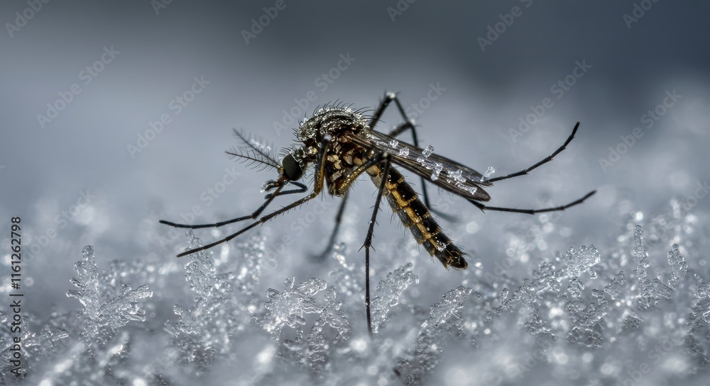 Close-up of a Mosquito on a Snowy Surface: A detailed macro photograph captures a mosquito perched on a snowy surface, showcasing its intricate details and delicate features. Close-up of a Mosquito on a Snowy Surface: A detailed macro photograph captures a mosquito perched on a snowy surface, showcasing its intricate details and delicate features.
