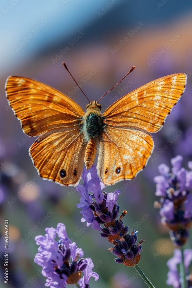 A butterfly sits atop a vibrant purple flower in this bright and colorful image A butterfly sits atop a vibrant purple flower in this bright and colorful image
