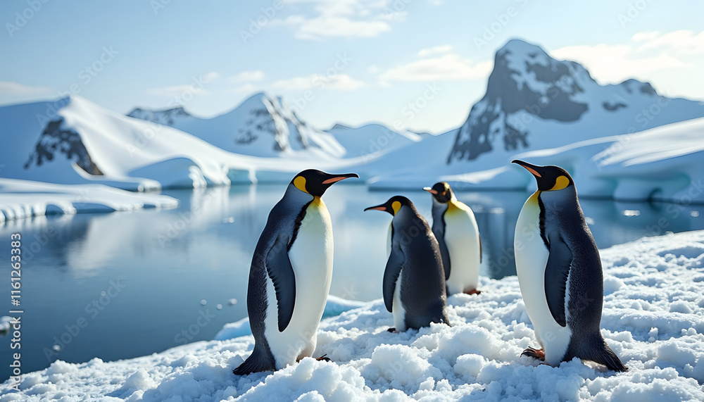 Fototapeta premium Group of emperor penguins on snowy landscape, symbolizing wildlife conservation and environmental awareness, copy space 