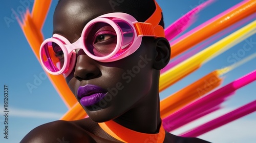 A striking figure showcases unique fashion with vibrant eyewear and bold makeup, set against a backdrop of colorful swirls. The atmosphere is lively and full of energy photo